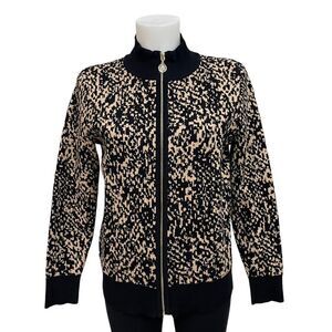 ANNE KLEIN Full Zip Knit Animal Print Cardigan Sweater High Neck Comfy sz Medium